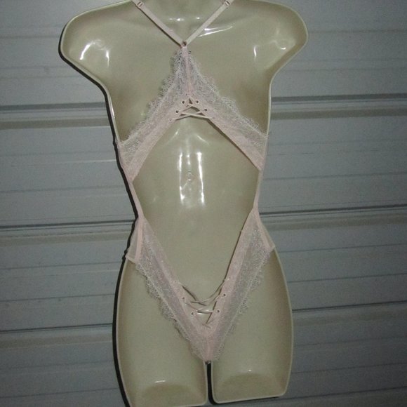Size XS Pink Lace up Look Lingerie Sheer Lace Bodysuit,teddy Victoria's Secret - Picture 6 of 7